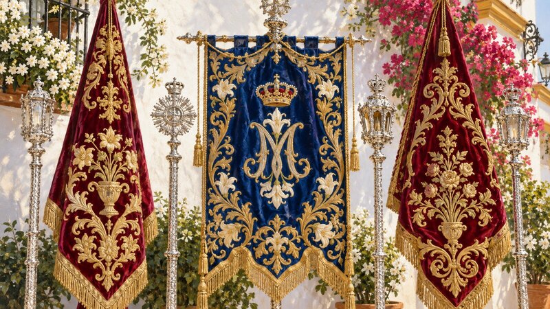 Ilustración de estandartes y banderas bordadas como los de las cofradías de la Virgen de la Cabeza